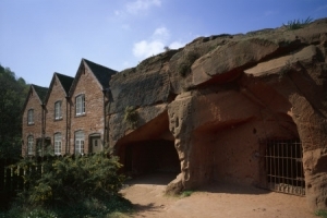 The unique rock houses at Kinver Edge, Staffordshire, with the caves along side. The houses are fronted as with traditional houses but are built into the sandstone rock.